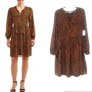 NWT boho leopard print babydoll dress L 12 14